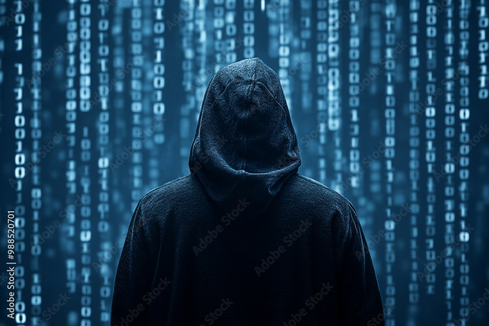 figure in black hoodie stands against backdrop of cascading binary code, evoking sense of mystery and intrigue in digital world figure in black hoodie stands against backdrop of cascading binary code, evoking sense of mystery and intrigue in digital world