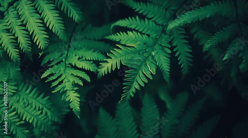 Close up of lush green fern leaves in a dark forest setting.