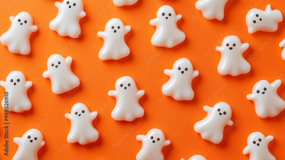 Cute white ghosts scattered on vibrant orange background create playful Halloween atmosphere, perfect for festive decorations and celebrations Cute white ghosts scattered on vibrant orange background create playful Halloween atmosphere, perfect for festive decorations and celebrations
