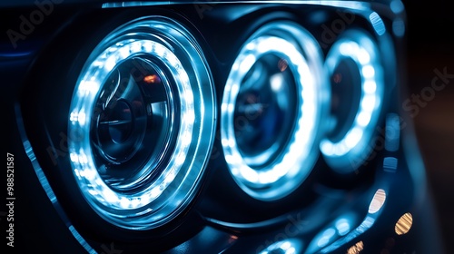 A close-up of a car's headlights, showing the intricate design of the LED lights. The blue glow illuminates the surrounding darkness, highlighting the curves and details of the car's front end. photo