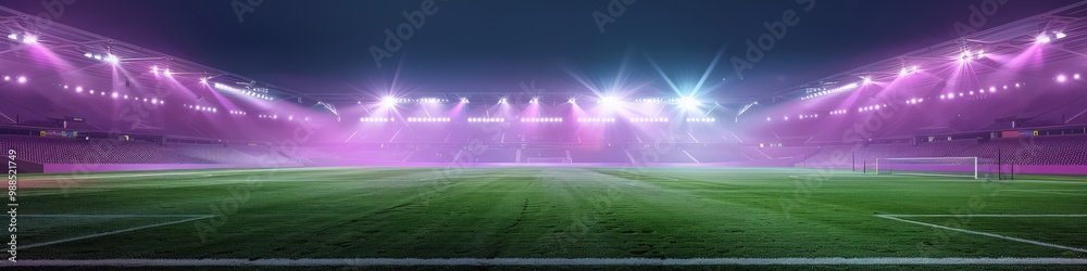 Stadium with mauve floodlights, casting a gentle glow on the empty field Stadium with mauve floodlights, casting a gentle glow on the empty field