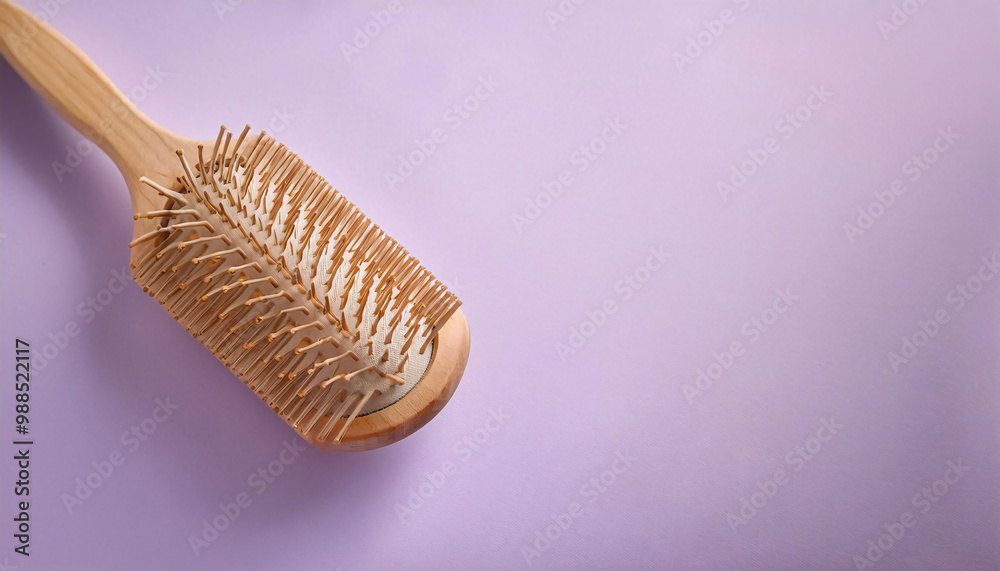 Hairbrush with Wooden Handle on a Soft Pastel Purple Background
