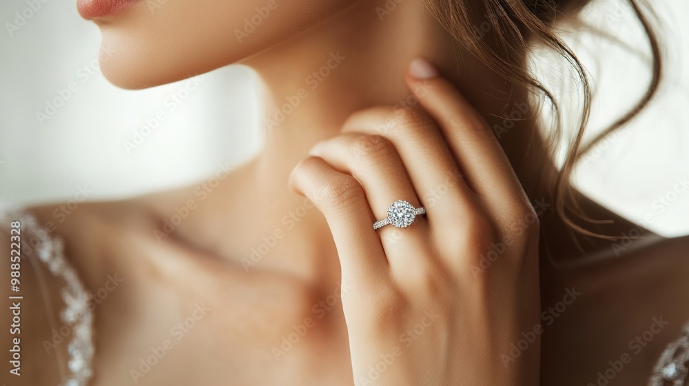 Beautiful woman with a diamond ring, her hand gracefully placed on her neck, highlighting the ring's intricate design Beautiful woman with a diamond ring, her hand gracefully placed on her neck, highlighting the ring's intricate design