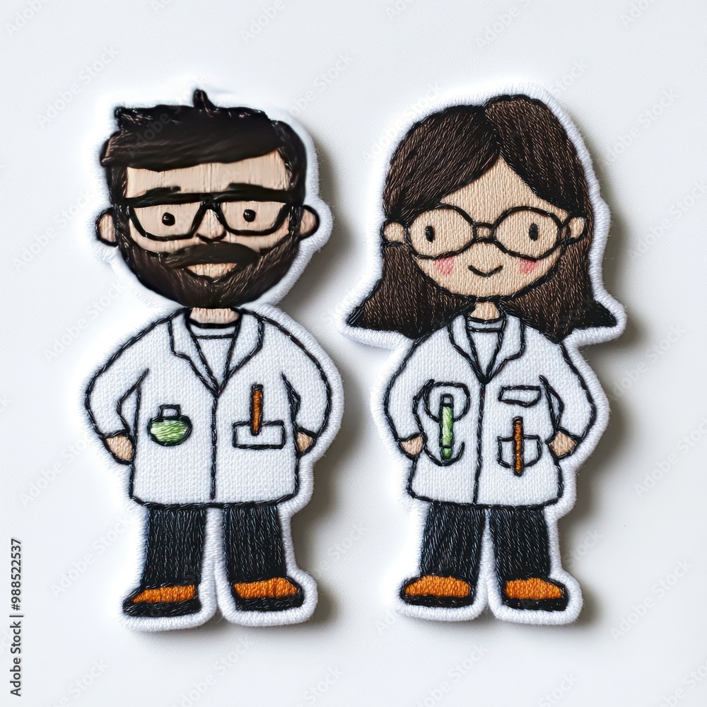 Embroidered patches of a man and a woman wearing lab coats and holding beakers. Embroidered patches of a man and a woman wearing lab coats and holding beakers.