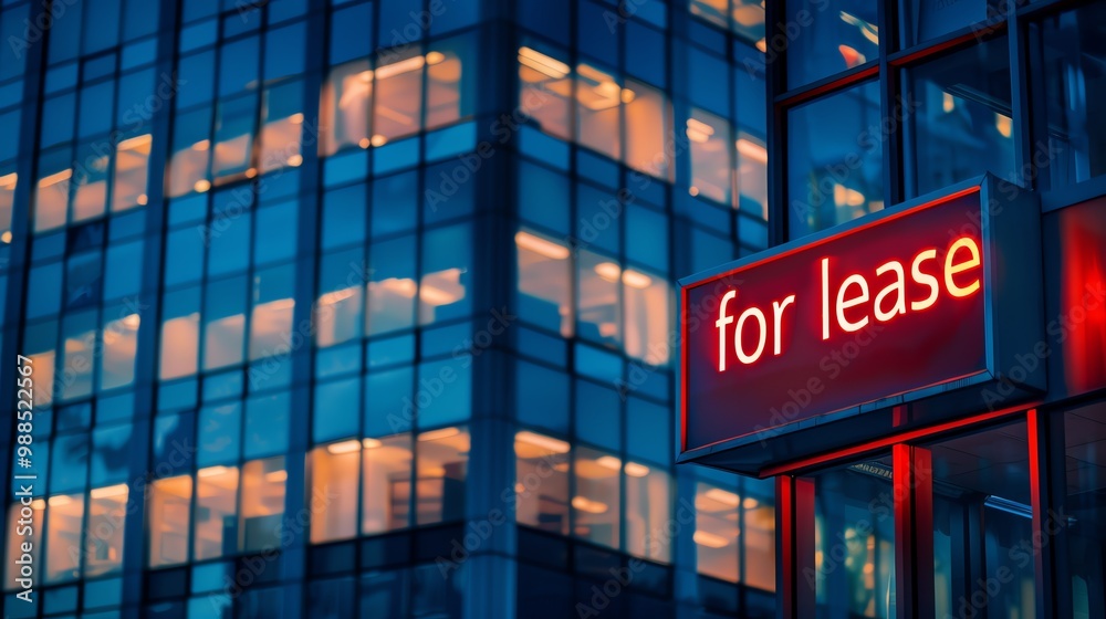 Obraz premium Modern office building exterior with illuminated windows and a red 'for lease' sign against the night sky.