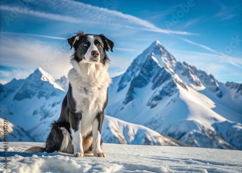 The black dog sits statuesque in the snow, its dark coat contrasting sharply with the pristine white of