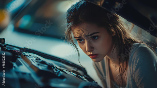 Young sad woman looking under the hood of her car, automobile broke down and won't start, lady waiting for help.
