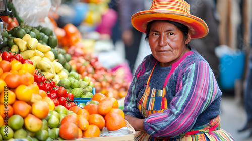 A bolivian cholita woman sells fruits at a vibrant market wearing a colorful traditional outfit and a wide-brimmed hat with a warm expression