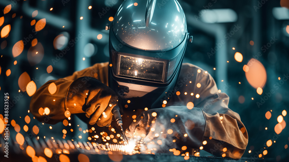 A skilled welder works diligently in a dimly lit workshop, crafting metal components as bright sparks fly and illuminate the surrounding area, highlighting the intricate process A skilled welder works diligently in a dimly lit workshop, crafting metal components as bright sparks fly and illuminate the surrounding area, highlighting the intricate process