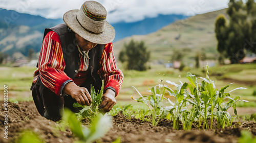 An indigenous farmer plants quinoa in a lush green field, showcasing traditional agricultural practices against a backdrop of mountainous scenery