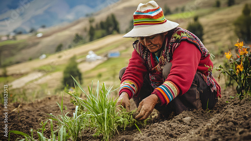 A woman kneels in the soil, planting quinoa in a mountainous Ecuadorian landscape, showcasing traditional farming methods and cultural heritage
