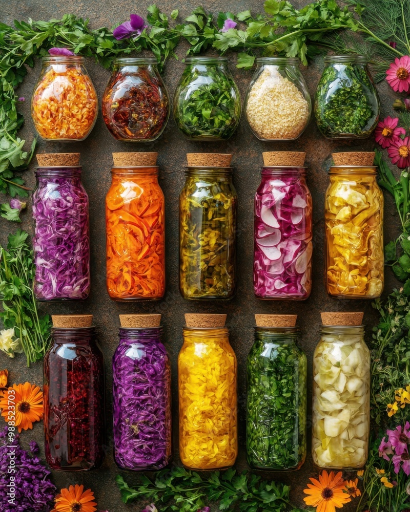 Vibrant Fermented Foods and Kombucha Flat Lay with Fresh Herbs - Healthy Eating Concept Vibrant Fermented Foods and Kombucha Flat Lay with Fresh Herbs - Healthy Eating Concept