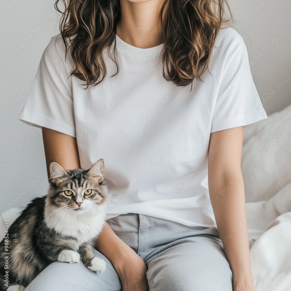 Sitting young woman in casual white tshirt with cute cat by her. Youth