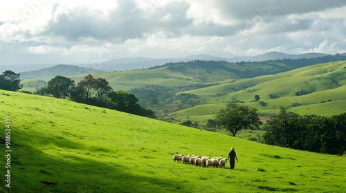 A uruguayan shepherd guides a flock of sheep through vibrant green hills under a bright sky, showcasing rural life and pastoral beauty photo