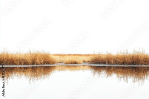 Serene landscape with golden grass reflecting on calm water, white isolated background.