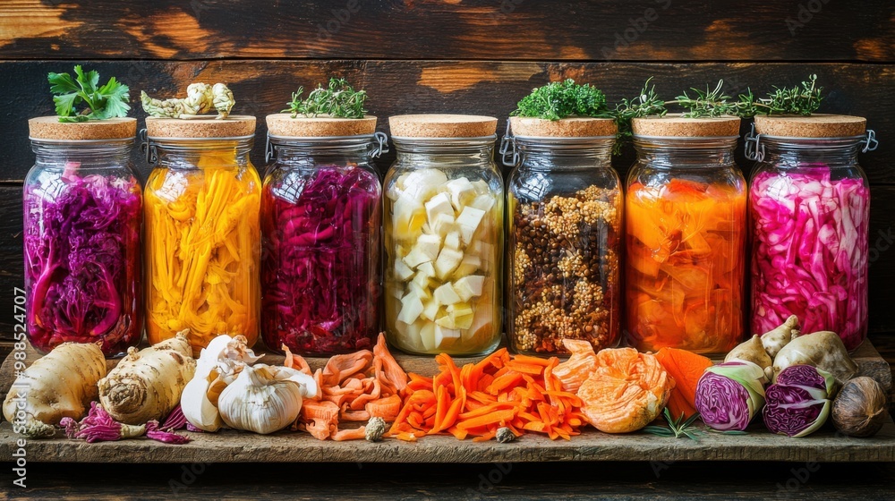 Vibrant Fermented Vegetables and Kombucha in Glass Jars for Wellness Boost