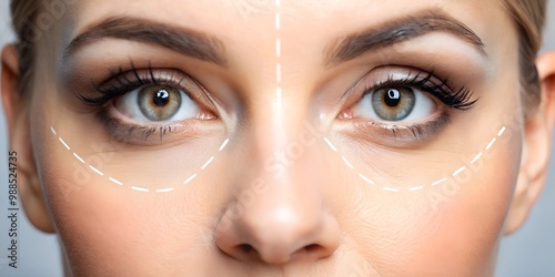 Blepharoplasty Close-up of a woman's eye with arrows indicating planned tightening and lifting of the skin around the eyes. photo