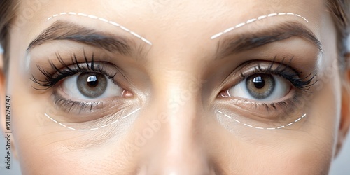 Blepharoplasty Close-up of a woman's eye with arrows indicating planned tightening and lifting of the skin around the eyes. photo