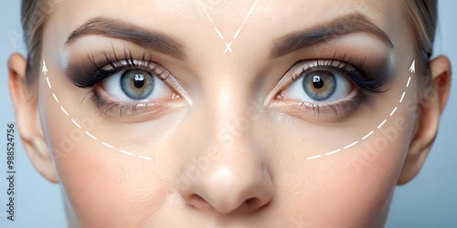 Blepharoplasty Close-up of a woman's eye with arrows indicating planned tightening and lifting of the skin around the eyes. photo