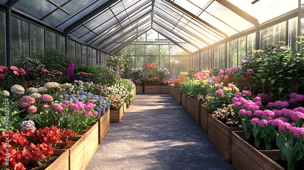 A greenhouse filled with colorful flowers, with sunlight streaming through the glass roof. The flowers are planted in wooden boxes and the path is lined with them. A greenhouse filled with colorful flowers, with sunlight streaming through the glass roof. The flowers are planted in wooden boxes and the path is lined with them.