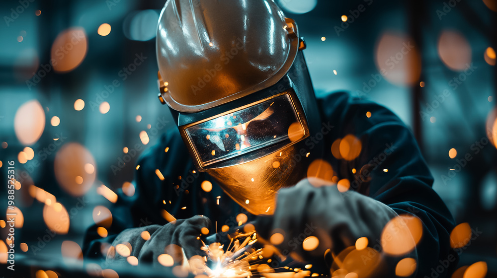 A skilled worker engaged in welding during early evening hours, creating sparks as metal pieces are fused together in a busy workshop environment A skilled worker engaged in welding during early evening hours, creating sparks as metal pieces are fused together in a busy workshop environment