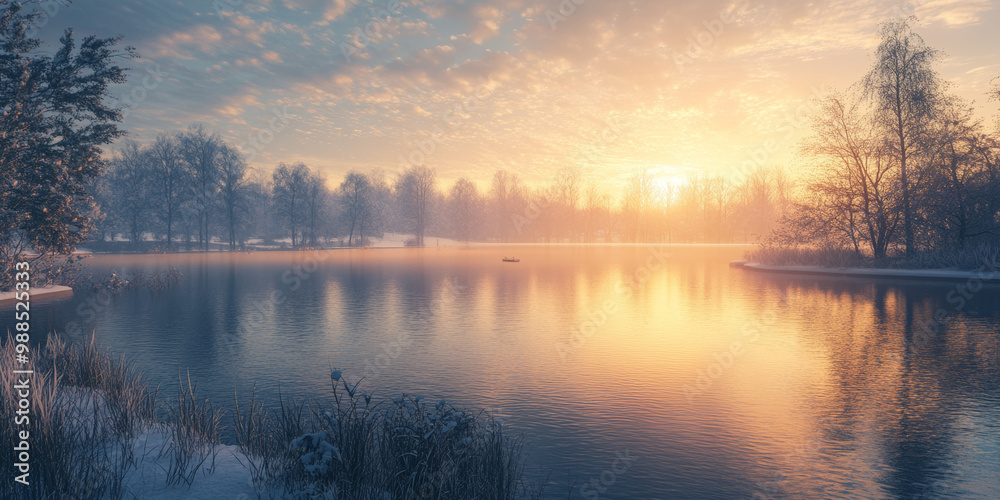Fototapeta premium Golden Hour Over a Serene Lake in Winter Twilight