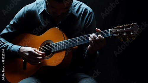 A man plays an acoustic guitar, his hands softly pressing on the strings, the dark background emphasizing the glow of the instrument.