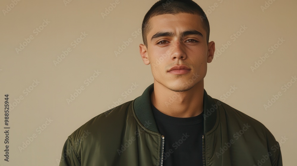 Young latin american man posing in front of beige background