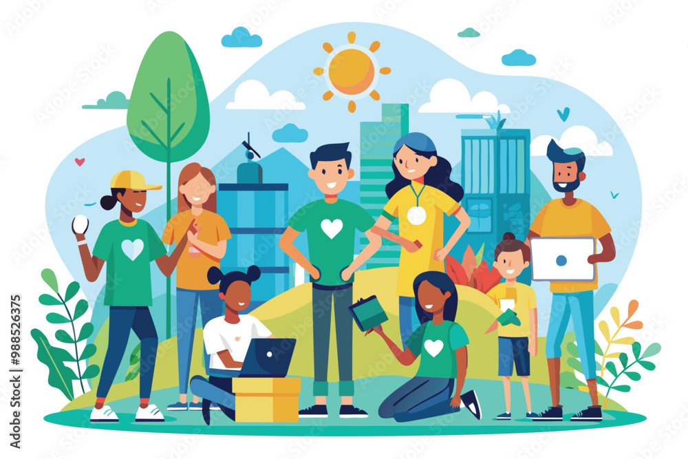 Naklejka premium A diverse group of volunteers working together in a park, sharing skills and ideas while promoting community engagement and support.