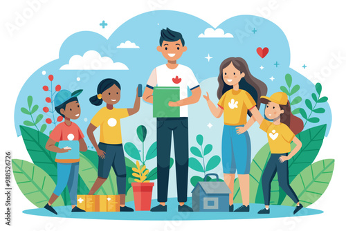 A group of enthusiastic volunteers engages in community service, planting flowers and spreading joy in a vibrant outdoor setting.