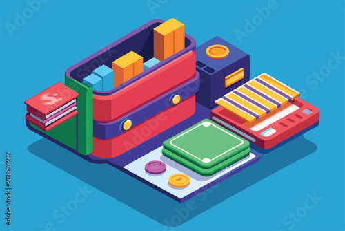 A vibrant isometric illustration features a customizable wallet loaded with coins, cards, and books, showcasing creative design elements. photo