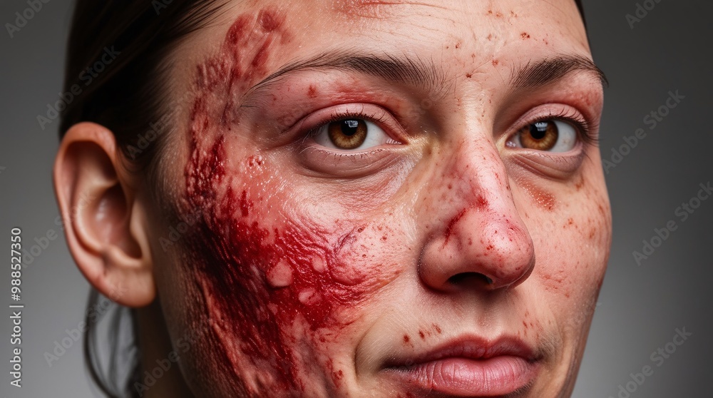Person face with noticeable acne and scarring, highlighting the texture and severity of the skin disease