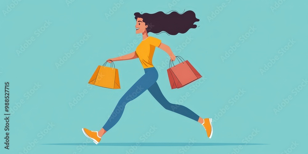 Fototapeta premium A woman is running with shopping bags.