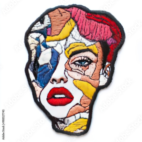 A colorful, abstract portrait of a woman's face, created with intricate embroidery techniques.