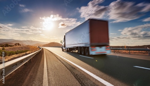 American truck speeding freeway, blurred motion 