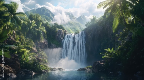 A hidden waterfall cascading down a rocky cliff, surrounded by dense jungle vegetation and mist rising from the water below.