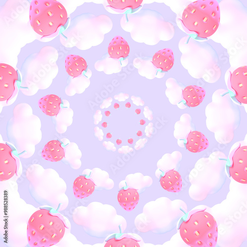 Cartoon strawberries and clouds pattern.