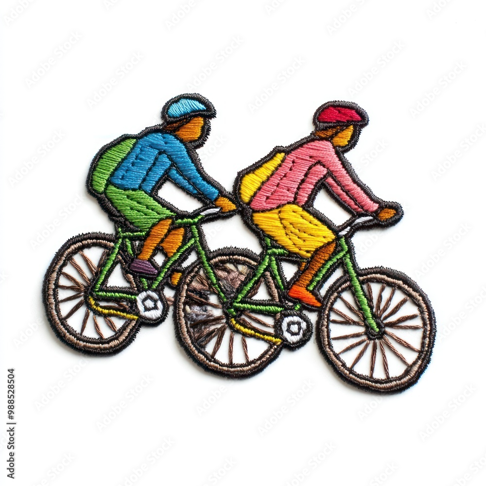 Two people riding bicycles, embroidered in colorful thread.