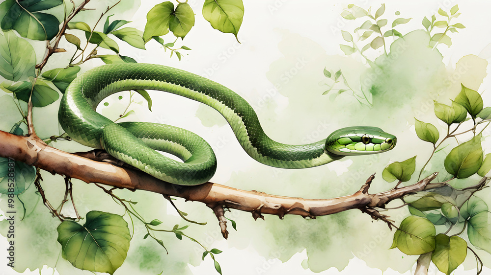 Fototapeta premium Watercolor Oriental poster of green snake. New Year 2025 symbol 