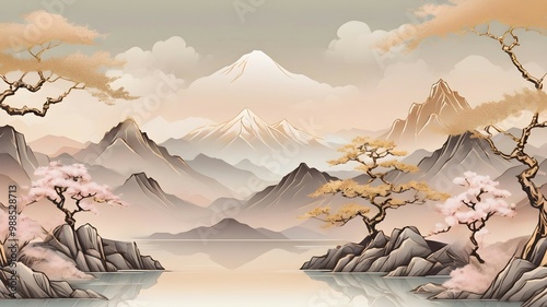 Poster of mountains in oriental art style. Image of asian landscape panorama	 photo