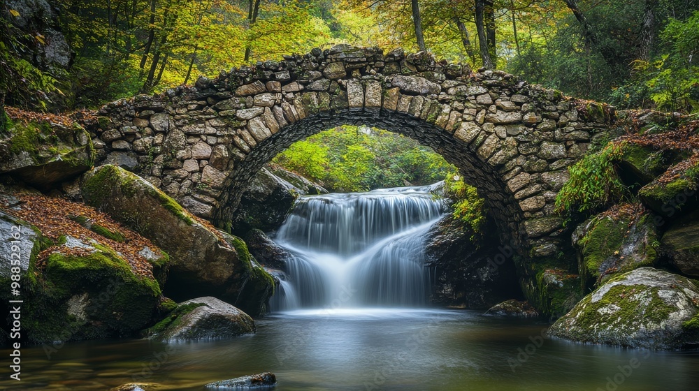 Stone Bridge Over a Serene Waterfall in a Lush Forest Stone Bridge Over a Serene Waterfall in a Lush Forest
