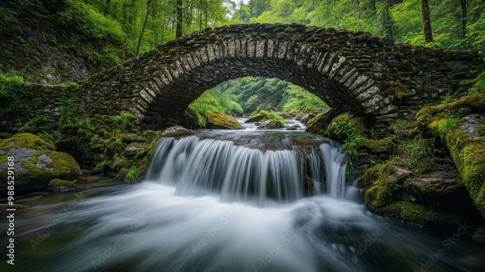 Fototapeta premium Stone Bridge Over a Serene Forest Stream