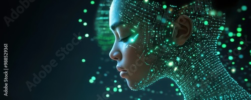 Cybernetic human with holographic interface, futuristic, blue and green, digital illustration photo