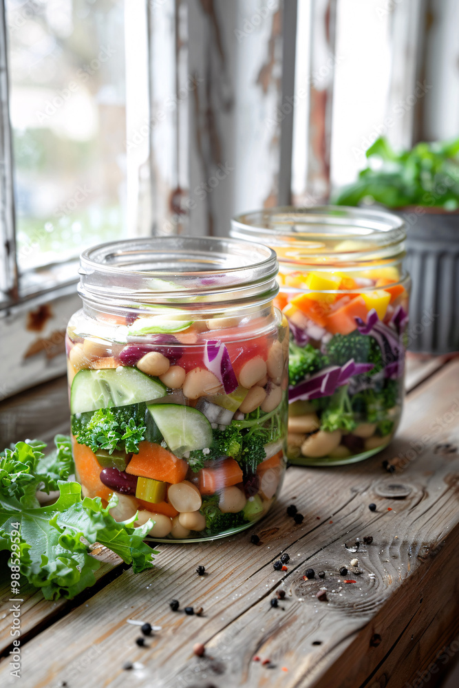 Mason jars filled with layered bean soup. Country kitchen windowsill background. Mason jars filled with layered bean soup. Country kitchen windowsill background.