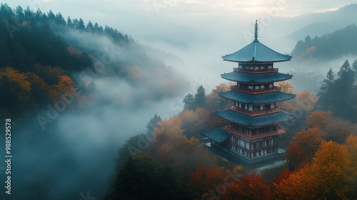 Mystical Pagoda in the Foggy Autumn Forest