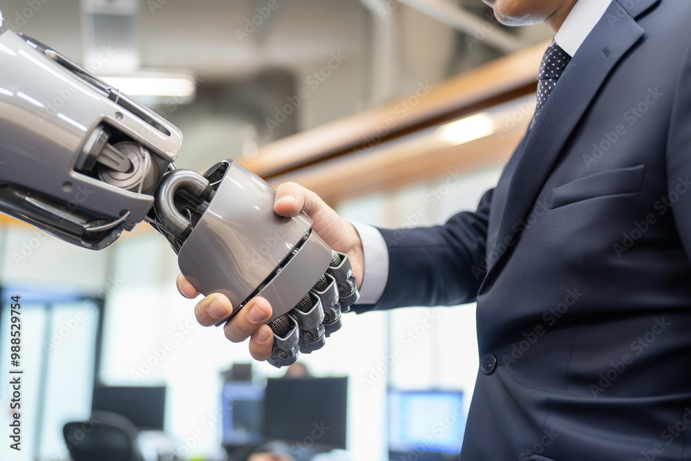 Businessman in Suit Shaking Hands with AI Robot in Modern Corporate Office Businessman in Suit Shaking Hands with AI Robot in Modern Corporate Office