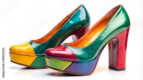 These ugly heels sport mismatched shapes and a screaming color palette, an unfortunate combination that screams 