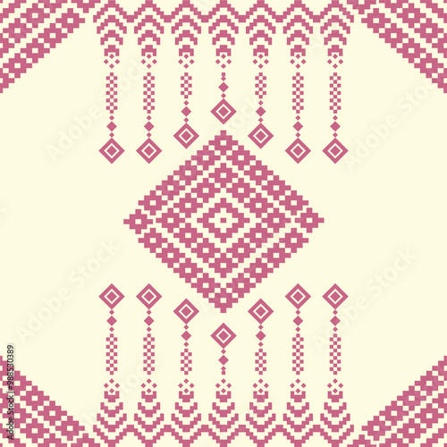 Pink Pattern, Pastel, Traditional Cross-Stitch Embroidery - Detailed Vector Illustration for Textile Print Design, Cream, Fabric 