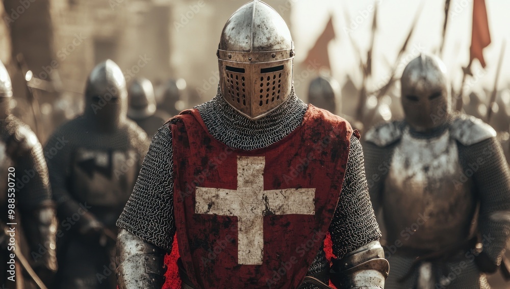 Man wearing Medieval Knights armor with heavy iron helmet Man wearing Medieval Knights armor with heavy iron helmet