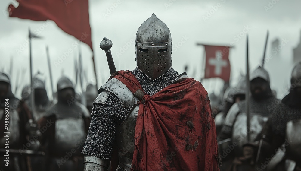 Man wearing Medieval Knights armor with heavy iron helmet Man wearing Medieval Knights armor with heavy iron helmet